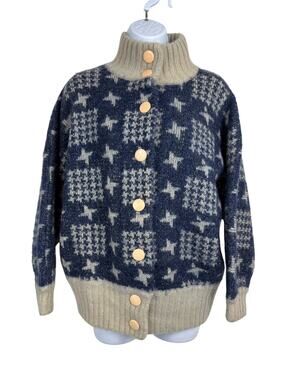 Saita Mohair Wool Cardigan Sweater S Blue Gray Fair Isle Nordic Button Chunky